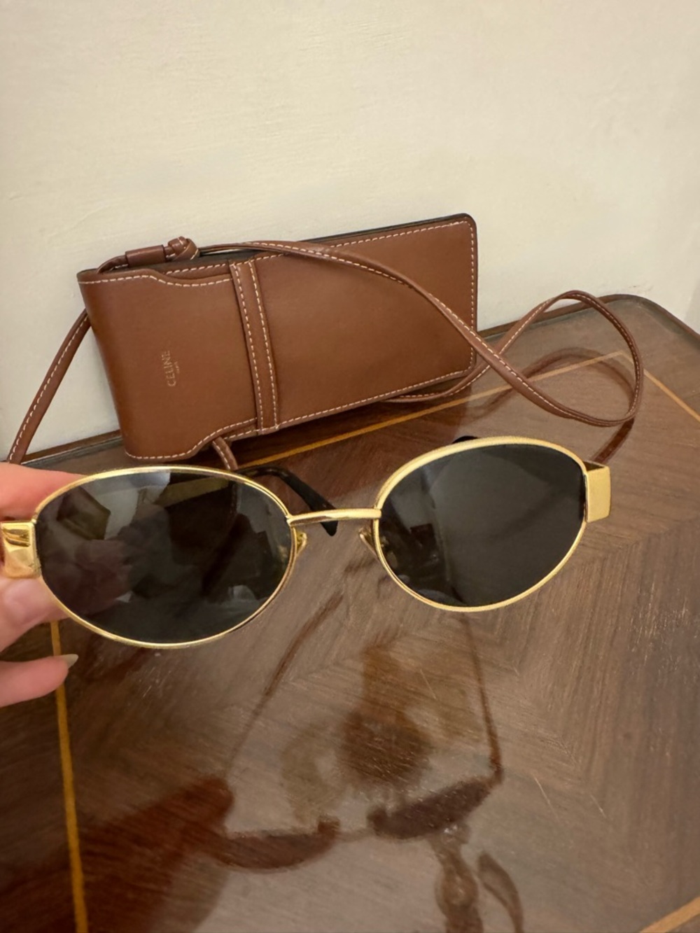 Celine Gold Frame Oval Sunglasses with Dark Green Lenses - Picture 8 of 8